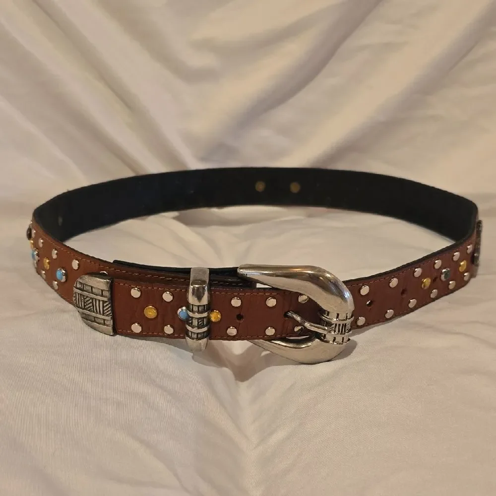 Western Studded Brown Leather Belt with Silver Buckle,34' Inch NWOT!